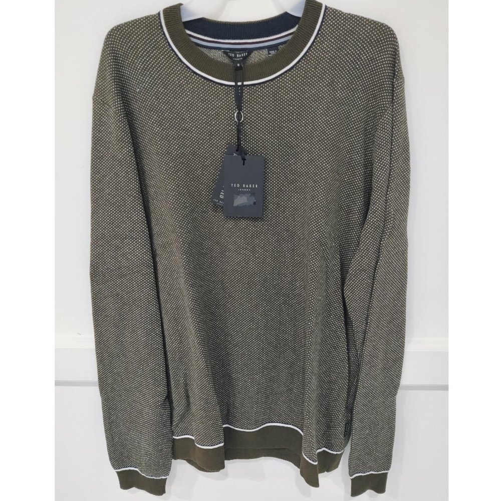 NWT Ted Baker London SOMTIM Birdseye Crew Neck Sweater Khaki Size 2XL $175 JK243